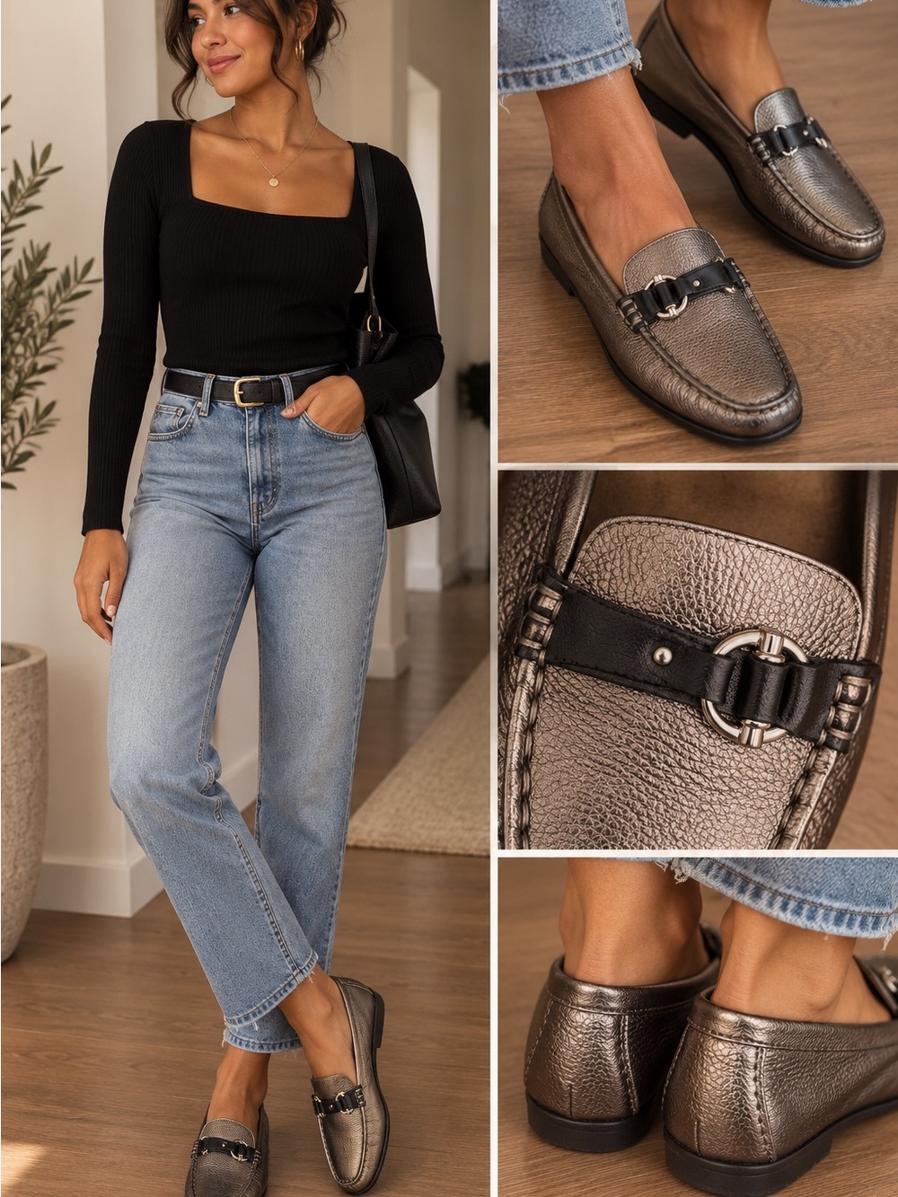 AEROSOLES Metallic Bronze Loafers with Black Accent Strap